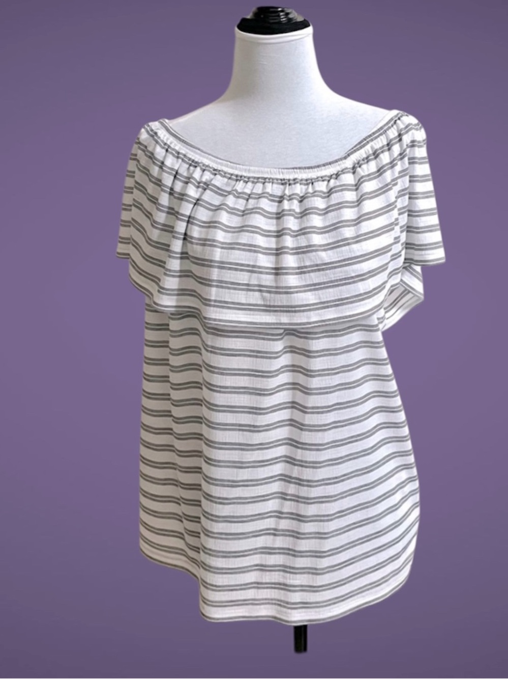 Ivanka Trump Coastal Blouse Size L Off the Shoulder Black & White Stripes